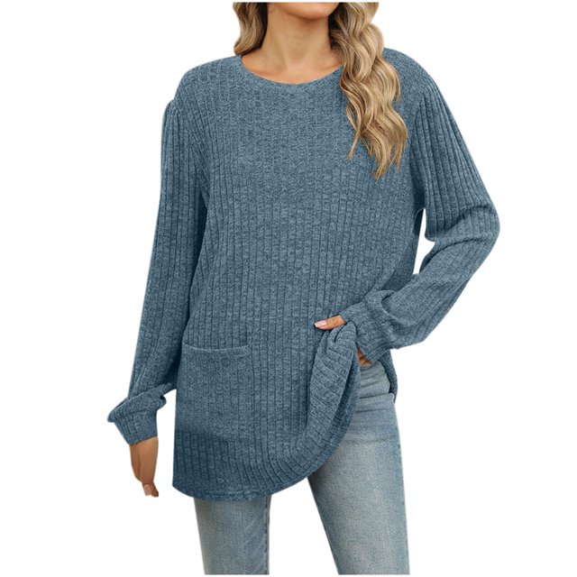 Camiseta de manga larga para mujer: jersey informal holgado, bolsillos, diseño a rayas, rayón/poliéster/spandex, lavable a máquina