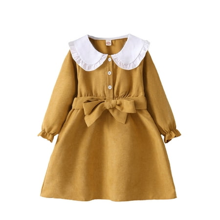 

Kucnuzki 4T Toddler Baby Girl Winter Dress Causal Dress 5T Toddler Girl Long Sleeve Solid Color Upper Contrast Plaid Prints Ruffled Layer Casual Elegant Dress Yellow