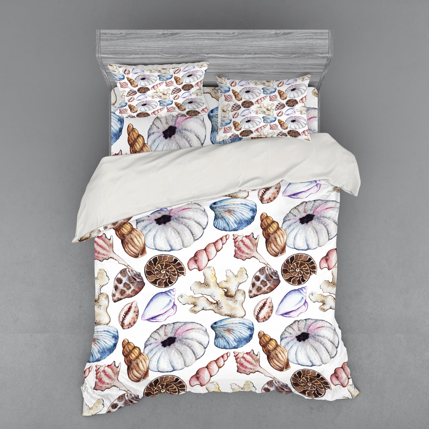 Seashells Duvet Cover Set, Clam Coral Watercolor Urchin Sealife Reef