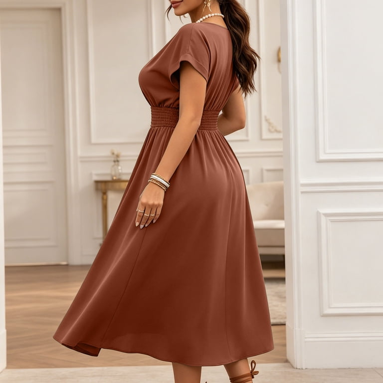 short sleeve wedding guest dresses spring HOMBOM Wedding Guest Dresses for Women Spring Formal V-Neck Short Sleeve  Maxi Vacation Flowy Ladies Long A-Line Dress Ruffled Waist