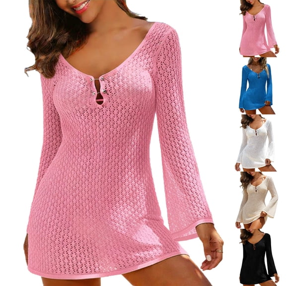 Antqov Swimsuit Coverup for Women, Openwork Texture Knit V Neck Long Sleeve Cover Ups for Swimwear, Beach Bathing Suit Cover Up Sun Protection Dress