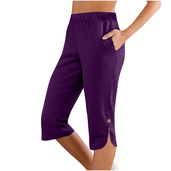 Arnsht Women Capri Pants Solid Color Elastic Waist Sports Casual Cotton Yoga Pants Lightweight Breathable Capris Sweatpants Purple L
