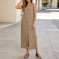 thumbnail image 6 of Eawtki Women's V Neck Sleeveless Maxi Dress Button Front With Side Slits Loose Fit Casual Linen Blend Summer Dress For Women, 6 of 7