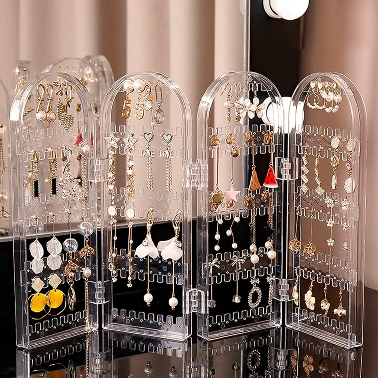 EEEkit 240 Holes Acrylic Earrings Holder, Double Side Jewelry Organizer, 4  Doors Foldable Clear Necklaces Display Stand