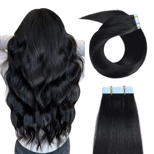 YILITE Extensiones de cabello con cinta adhesiva Cabello humano 16 pulgadas 40 g 20 piezas Cinta recta sedosa en extensiones de cabello humano Color negro azabache Cabello humano real