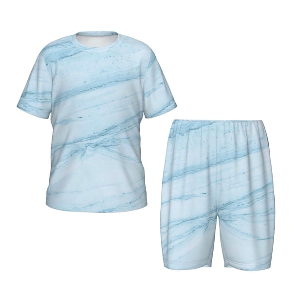 Balery Light Blue Marble Conjunto de Pijama Infantil de Manga Corta con Estampado – Ropa de Dormir de Algodón Suave-Large