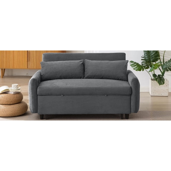 57.48" Pull-out Sofa Bed Convertible Couch 2 Seat Loveseat Sofa Modern Sleeper Sofa with Two Throw Pillows and USB Ports for Living Room, Dark Grey(Old Sku:WF317760AAR)