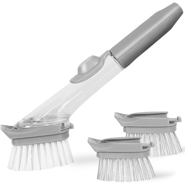 Cepillo dispensador de jabón para platos, cepillo para fregar de cocina Compatible con sartenes, ollas, fregadero, con 1 mango y 3 cabezales de cepillo, transparente/gris