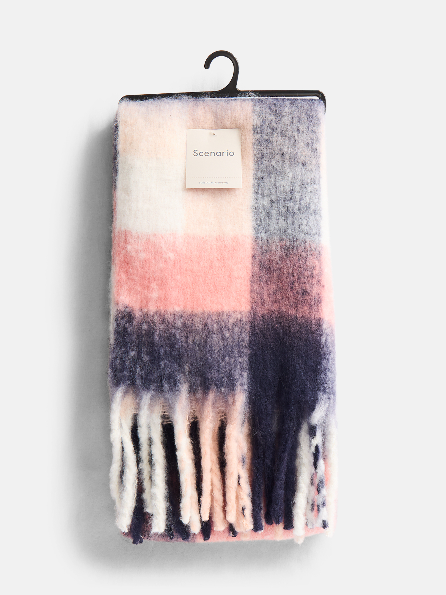 Scenario Women's Square Plaid Scarf with Fringe Trim