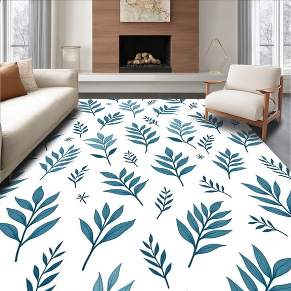 ODIKA 4'x6' Machine Washable Non-Slip Area Rug, Botanical Garden Leaf Vine Naturalistic Enchanted Pastoral High Traffic Rug, Blue, 552310