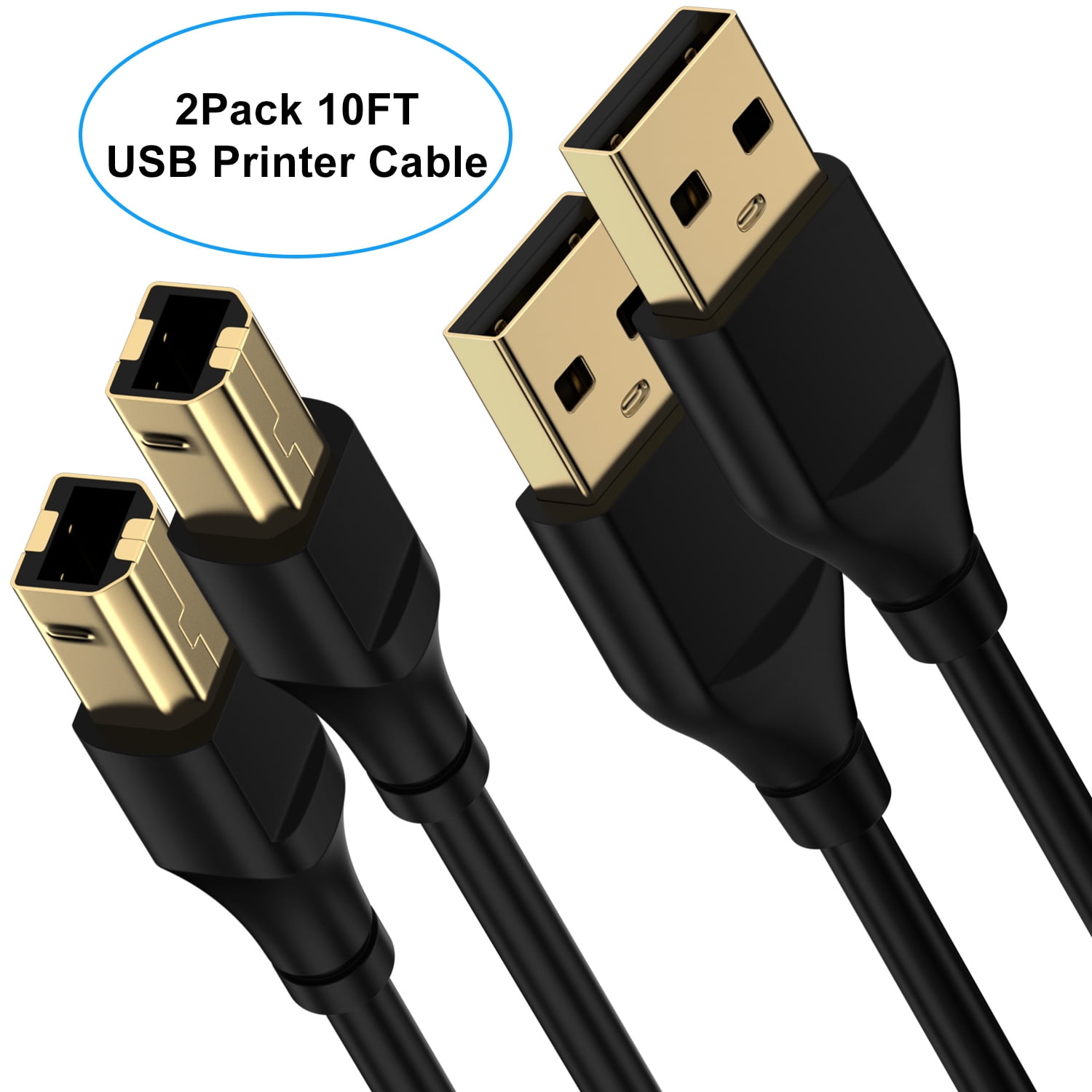 USB Printer Cable 10FT,2Pack USB A to USB B Printer Cable to Computer USB 2.0 A male to B male Connector High Speed USB Printer Scanner Cord 10FT USB Printer Scanner Cable for Canon,HP,Dell, Epson