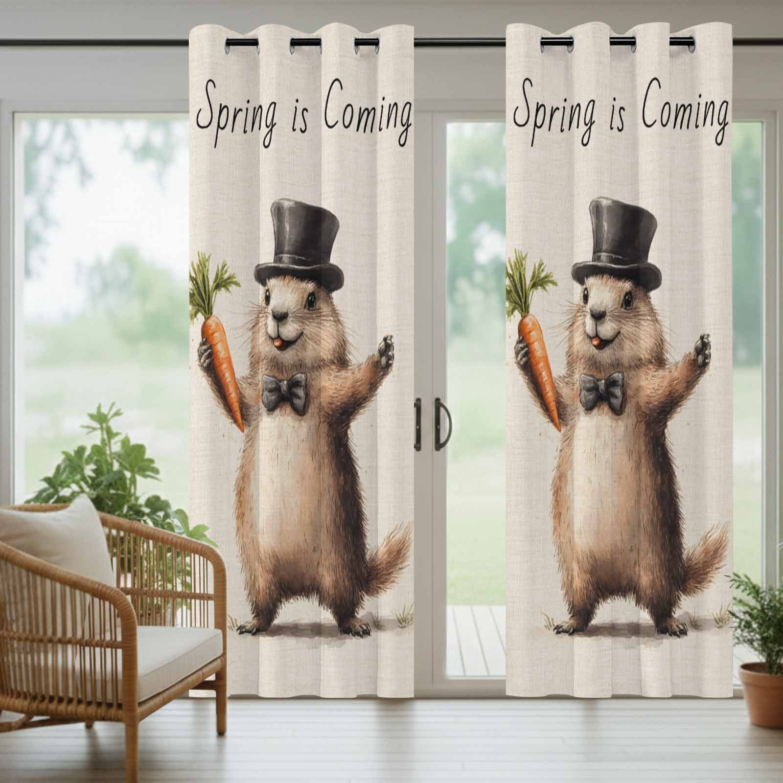 Outdoor Curtains for Patio Waterproof, Happy Groundhog Day Windproof Pravicy Outside Porch Blackout Curtain, Spring Party Pastoral Carrot Sun Blocking Grommets Curtains for Cabana Gazebo 54"x108"