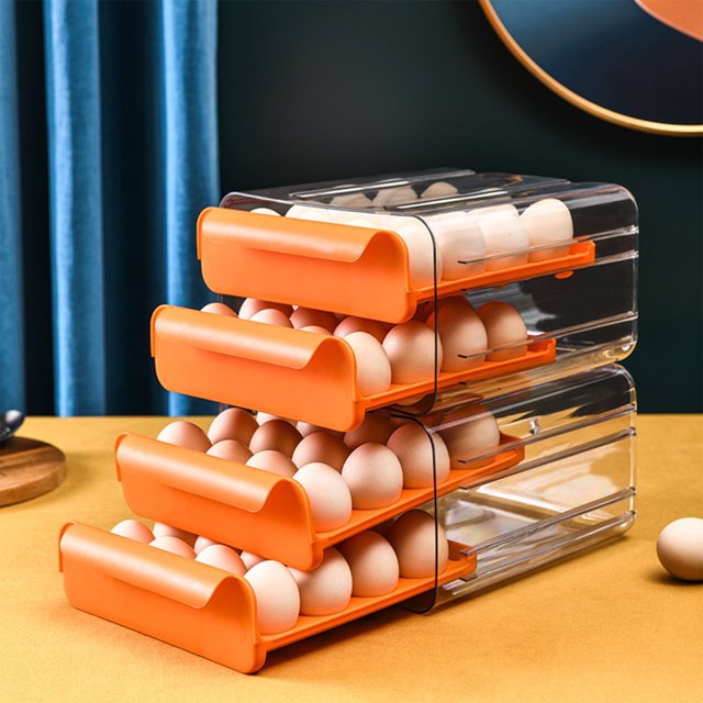 BAOPAI Double Layer Drawer Style Eggs Storage Organizer Stackable Kitchen Large Capacity Transparent Egg Tray with Ventilation for Fresh Food Keeping