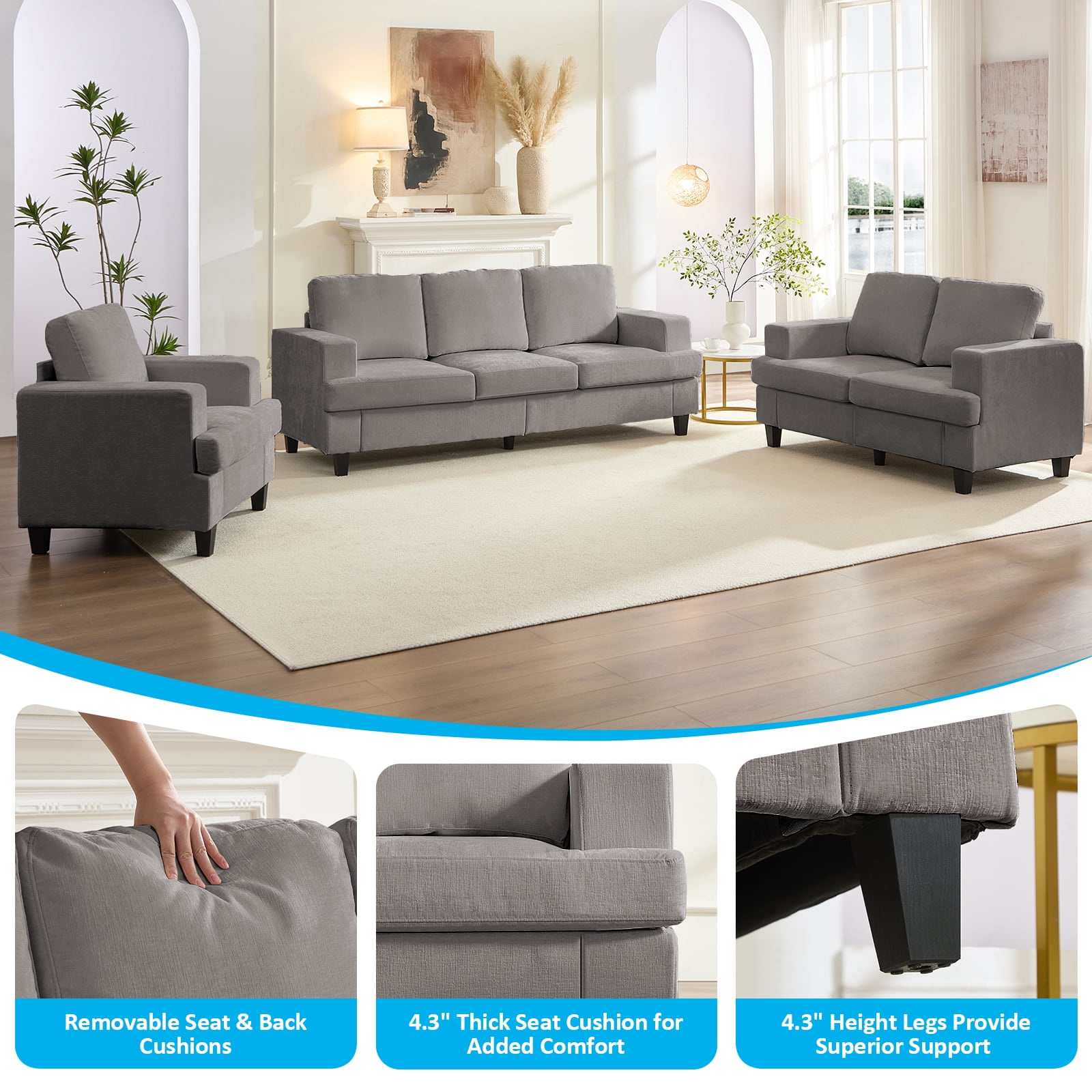 Puremind 3 Piece Living Room Furniture Sets, Sofa and Loveseat Set with Armchair, Chenille Sectional Couches and Sofas Sets for Apartment/Small Spaces, Light Gray