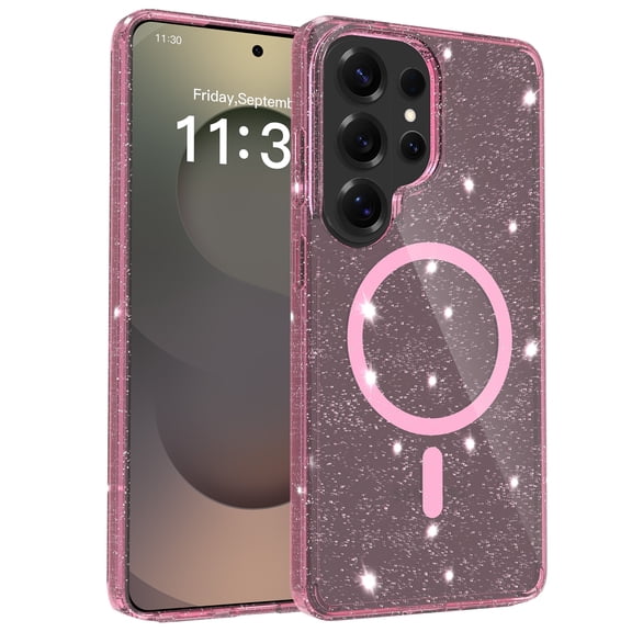 Allytechgroup for Samsung Galaxy S26 Glitter Magnetic Case, Slim Hard PC Anti-Yellowing Support Wireless Charging Anti-Scratch Shockproof Protective for Samsung Galaxy S26, Pink