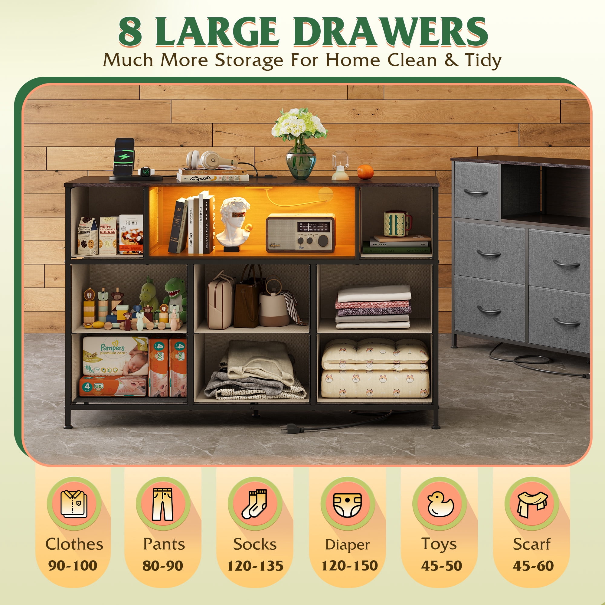 GALAXHERO 8 Drawer Large Dresser with Charging Station and LED Lights, Fabric Chest with Open Shelves, TV Stand for 55" TV, Bedroom and Living Room, Dark Grey