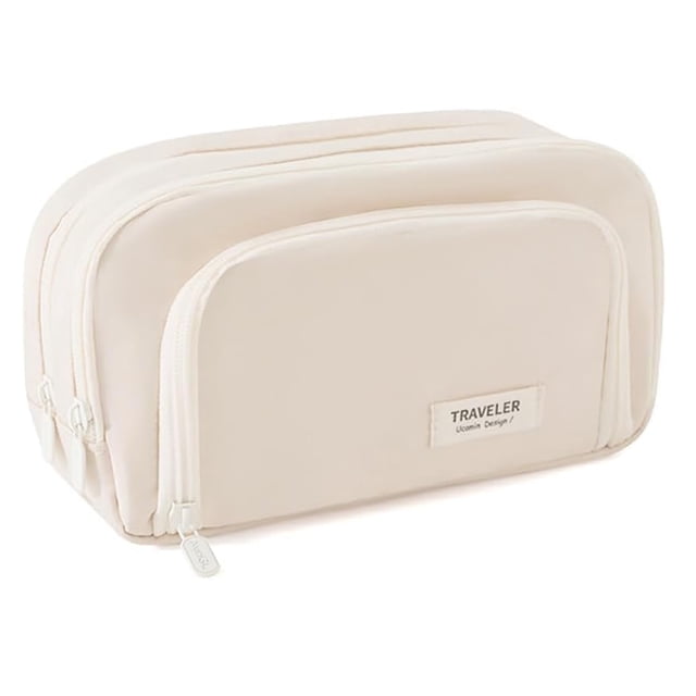 "Spacious 3-Compartment Canvas Pencil Pouch with Mesh Pockets - Beige Organizer for Pens, Markers & Small Essentials (8.27x4.72 Inches)"
