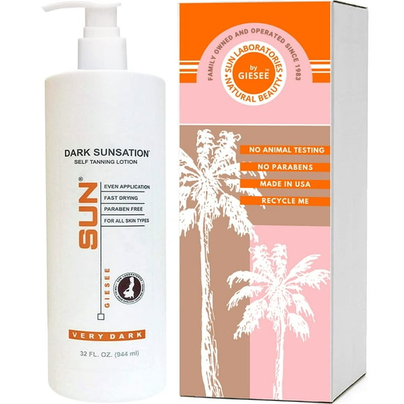 Sun Laboratories By Giesee Lotion Autobronzante Dark Sunsation 32 oz - Ultra Foncé, Longue Tenue, Sans Parfum, Bronzant Sans Soleil pour Hommes, Femmes - Organi