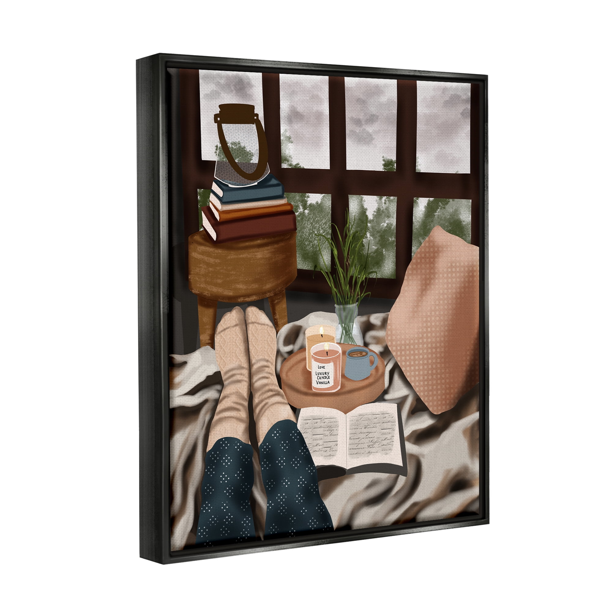 Stupell Industries Relaxing Reading in Bed Botanical & Floral Painting Black Floater Framed Canvas Art Print Wall Art, 17 x 21