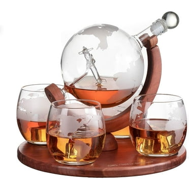 Etched World Decanter whiskey Globe - The Wine Savant Whiskey Gift Set Globe Decanter with Antique Airplane, Whiskey Stones and 4 World Map Glasses, Pilot Gift - Alcohol Related Gift, HOME BAR DECOR