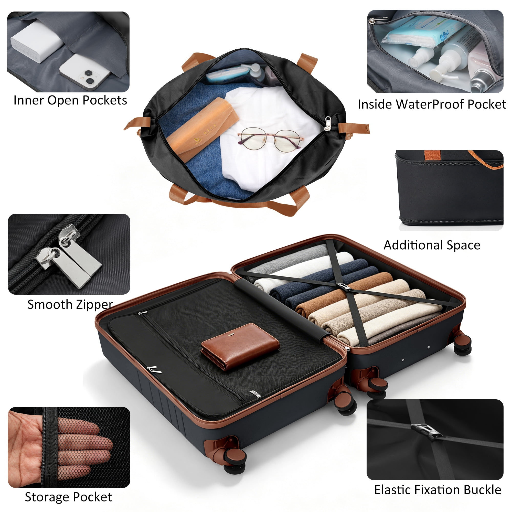 Euroco 2 Piece Luggage Sets Front-Opening, 20" Carry On Luggage with Cup Holder, USB Charging Ports,TSA Lock & Spinner Wheels,ABS Hardshell Lightweight Suitcase Set for Travel,Black+Brown
