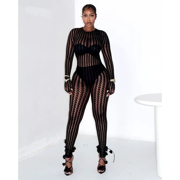 Black Sheer Lace Jumpsuit with Details
