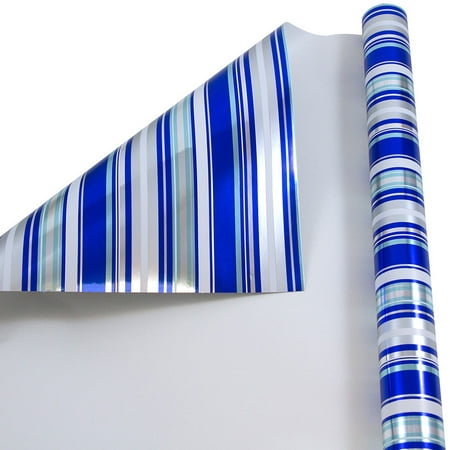 JAM Christmas Foil Wrapping Paper, 25 Sq Ft, 1/Pack, Blue Silver Stripe Gift Wrap