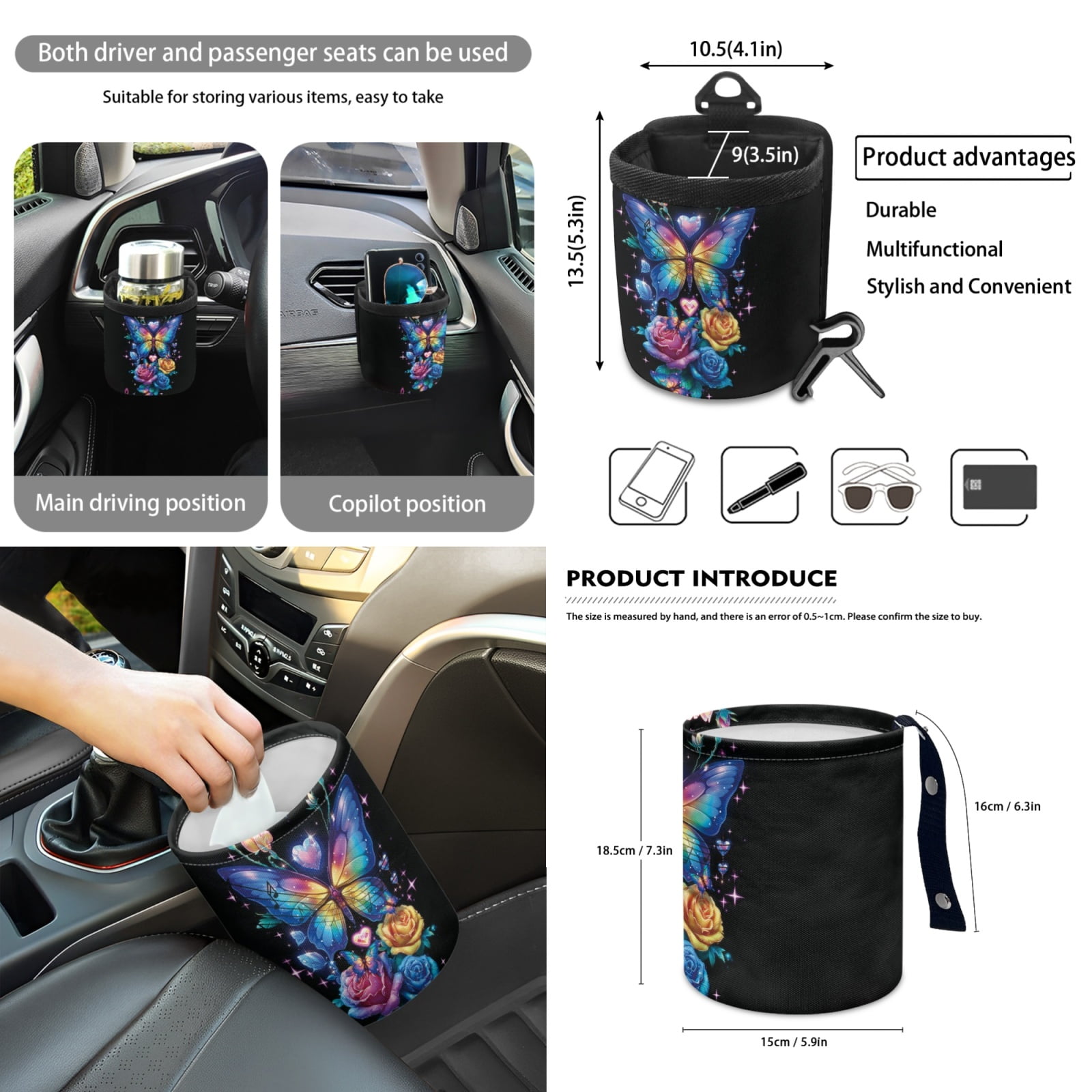 Renewold Butterfly Rose Music Notes 12 Pack Front Car Seat Cover Set with Steering Wheel Armrest Rear View Mirror Cover Seatbelt Pads Trash Can Air Vent Holder Coasters Key Chain Fit SUV Vans Sedans