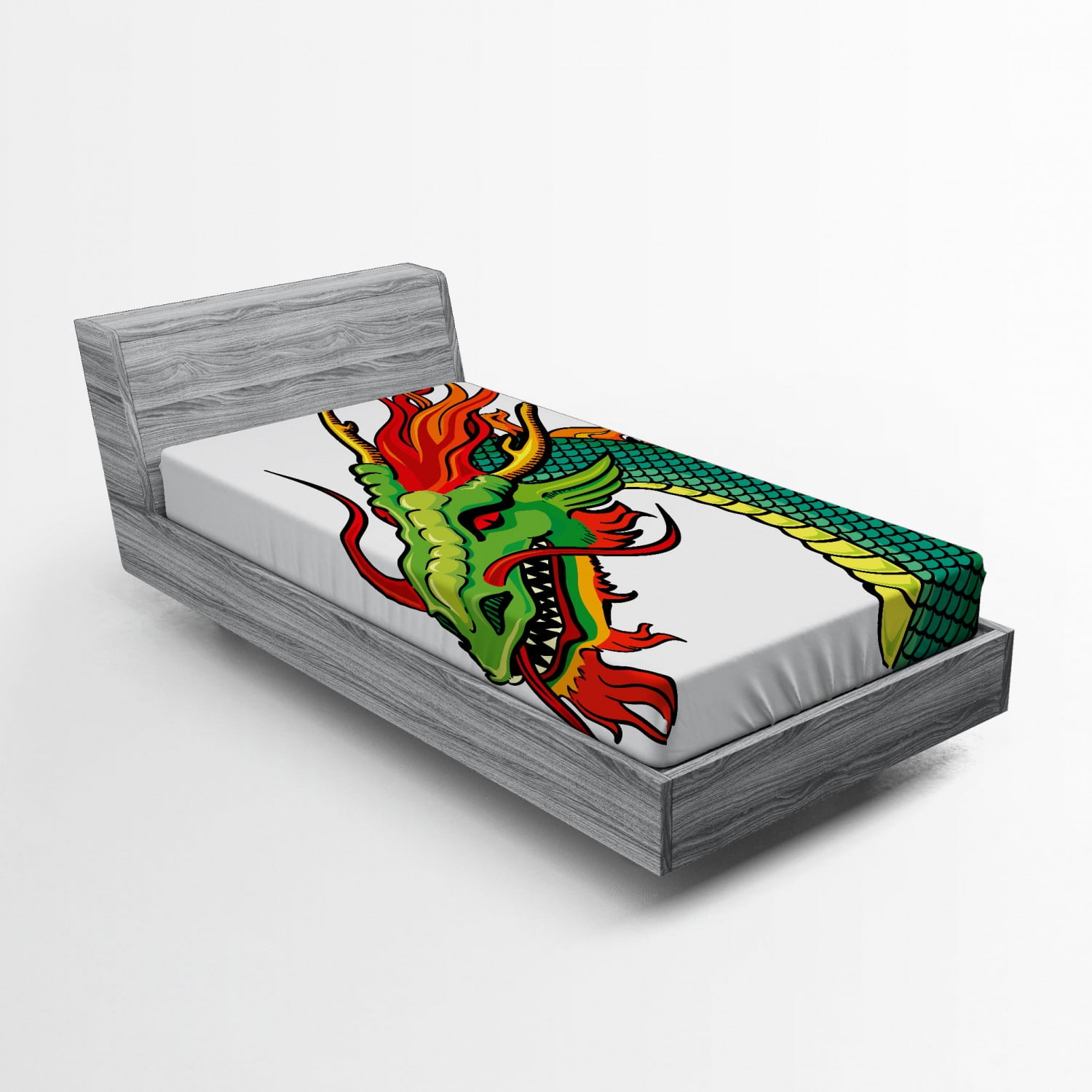 Dragon Fitted Sheet, Monster Head Portrait Traditional Danger Retro