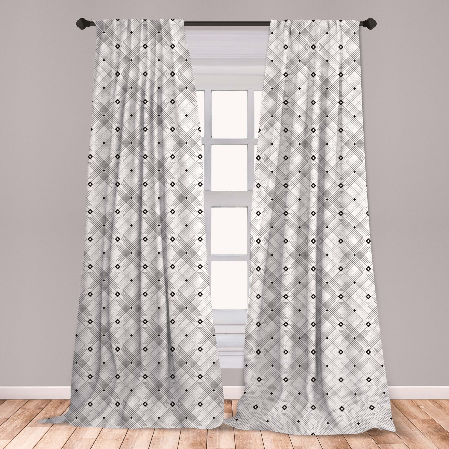 Black and White Curtains 2 Panels Set, Geometric Diagonal Squares and