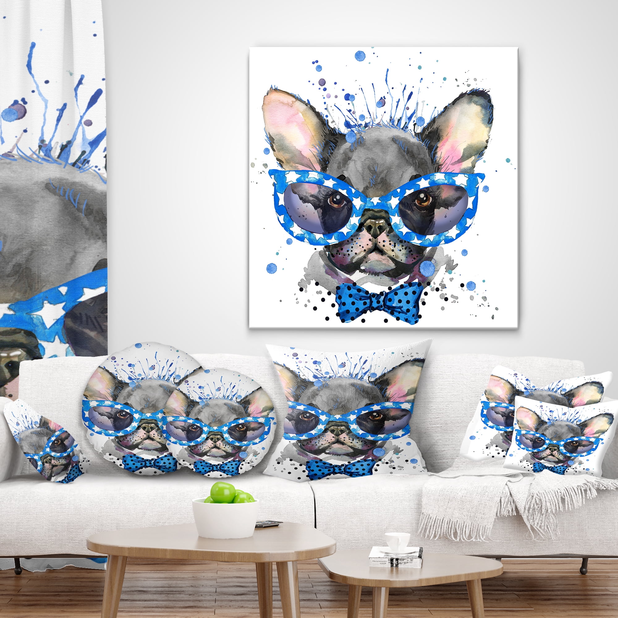 Designart Cute French Bulldog with Glasses - Animal Throw Pillow - 12x20