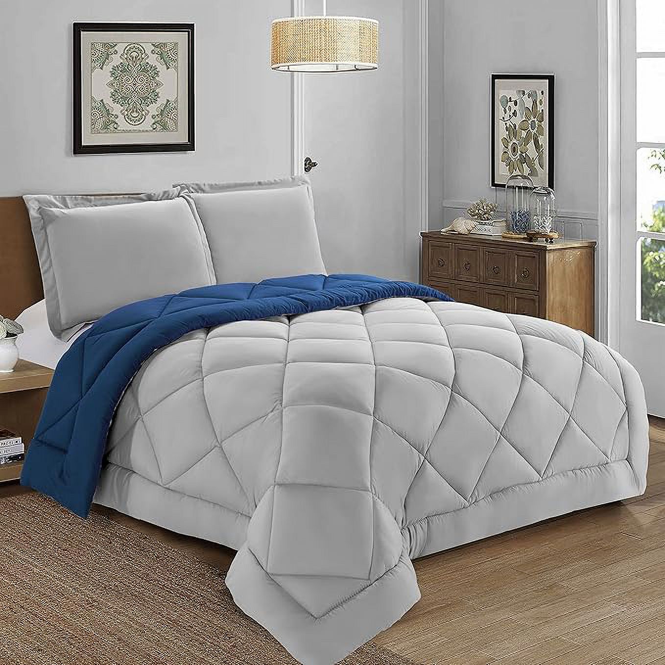 Elegant Comfort Reversible 3-Piece Comforter Set All Season, Ultra Soft, Down Alternative Comforter, 3PC Comf-F/Q, Silver/Navy