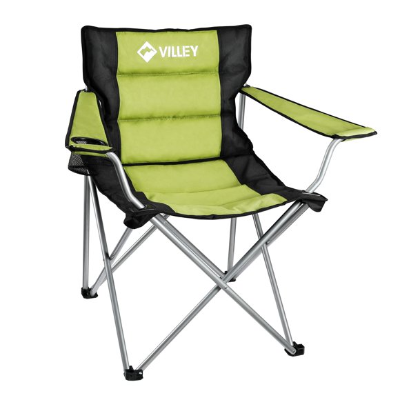 VILLEY Chaises de Camping, Chaise Pliante Rembourrée, Chaise de Camp Haute Portable Extérieure, Chaise Pliante avec Porte-Gobelet et Sac de Transport, Vert