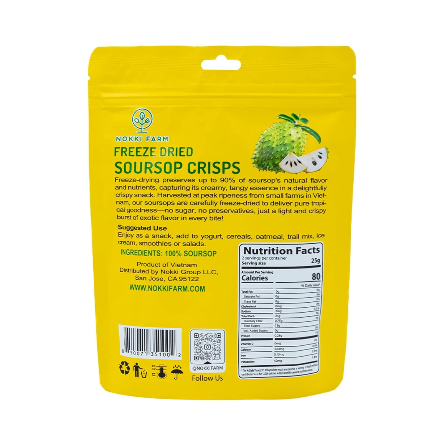 NOKKI FARM Freeze Dried Soursop chunk Crisps (Guanabana Fruit), Healthy & Exotic Tropical Superfood Snack, Kid-Approved, No Added Sugar or Preservatives, Shelf-Stable, 0.53oz, 6 Pack