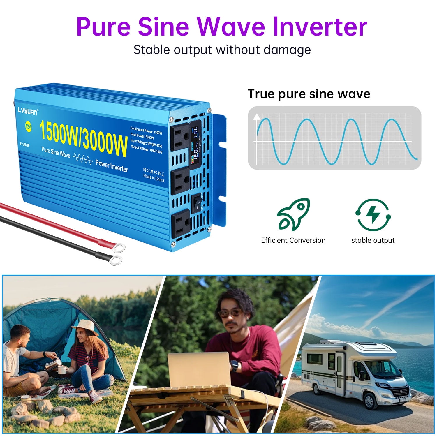 LVYUAN 1500W 3000W Surge Pure Sine Wave Power Inverter DC 12V to AC 110V Car Power Converter with 3 AC Outlets, LCD Display, Battery Converter Charger for RV, Camping, Off-Grid, Home Backup