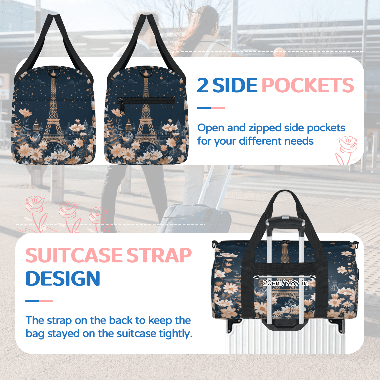 Herdesigns Paris Eiffel Tower Gym Bag for Women, Duffle Bag for Travel Sport, Flower Lightweight Waterproof Carry on Weekender Dance Yoga Workout Bags