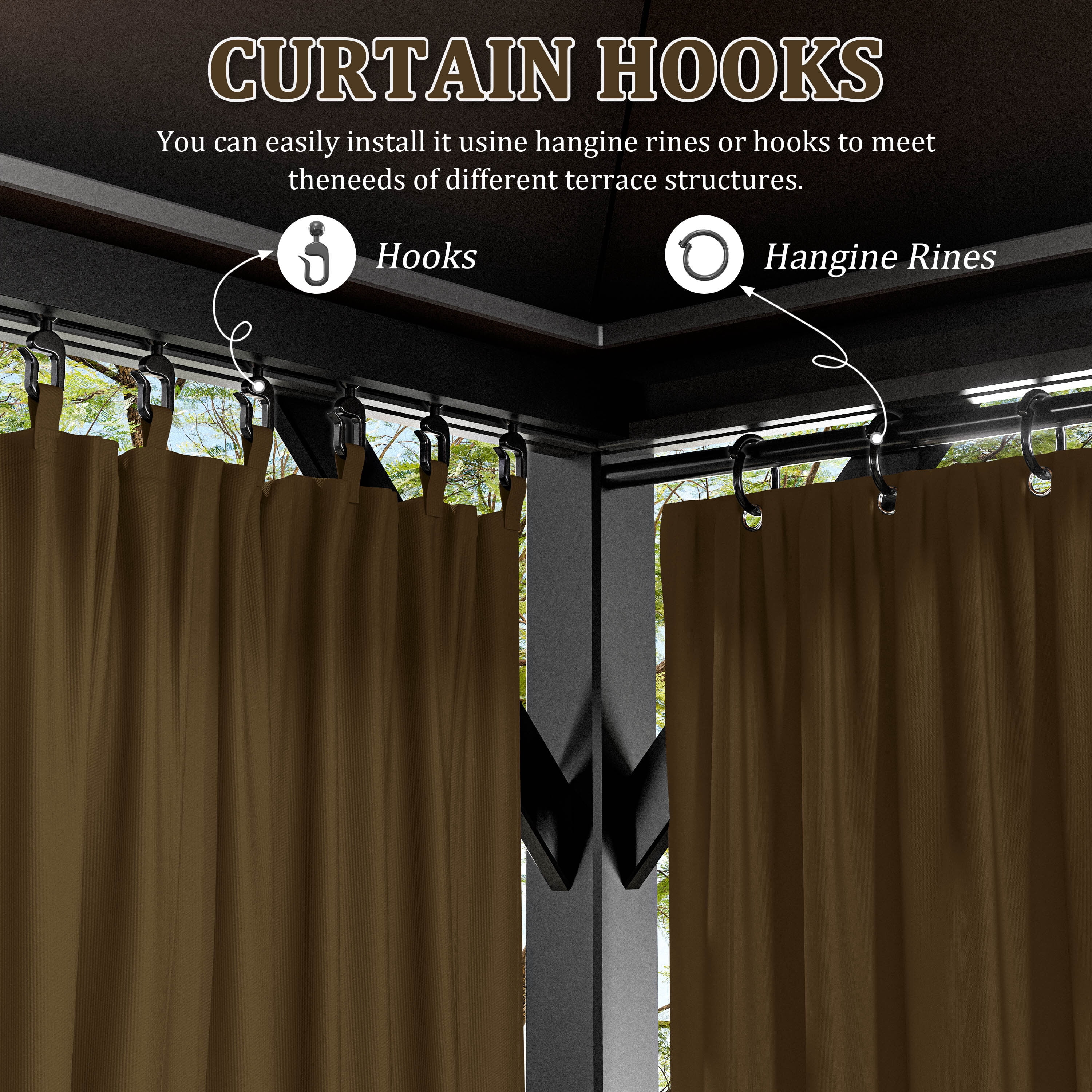 Kimunuk Outdoor Replacement Curtains for 10' X 10' Gazebo, Waterproof 4-Panels Chocolate Gazebo Universal Privacy Sidewall Curtains with Zipper for Patio Garden Backyard, Curtain Only