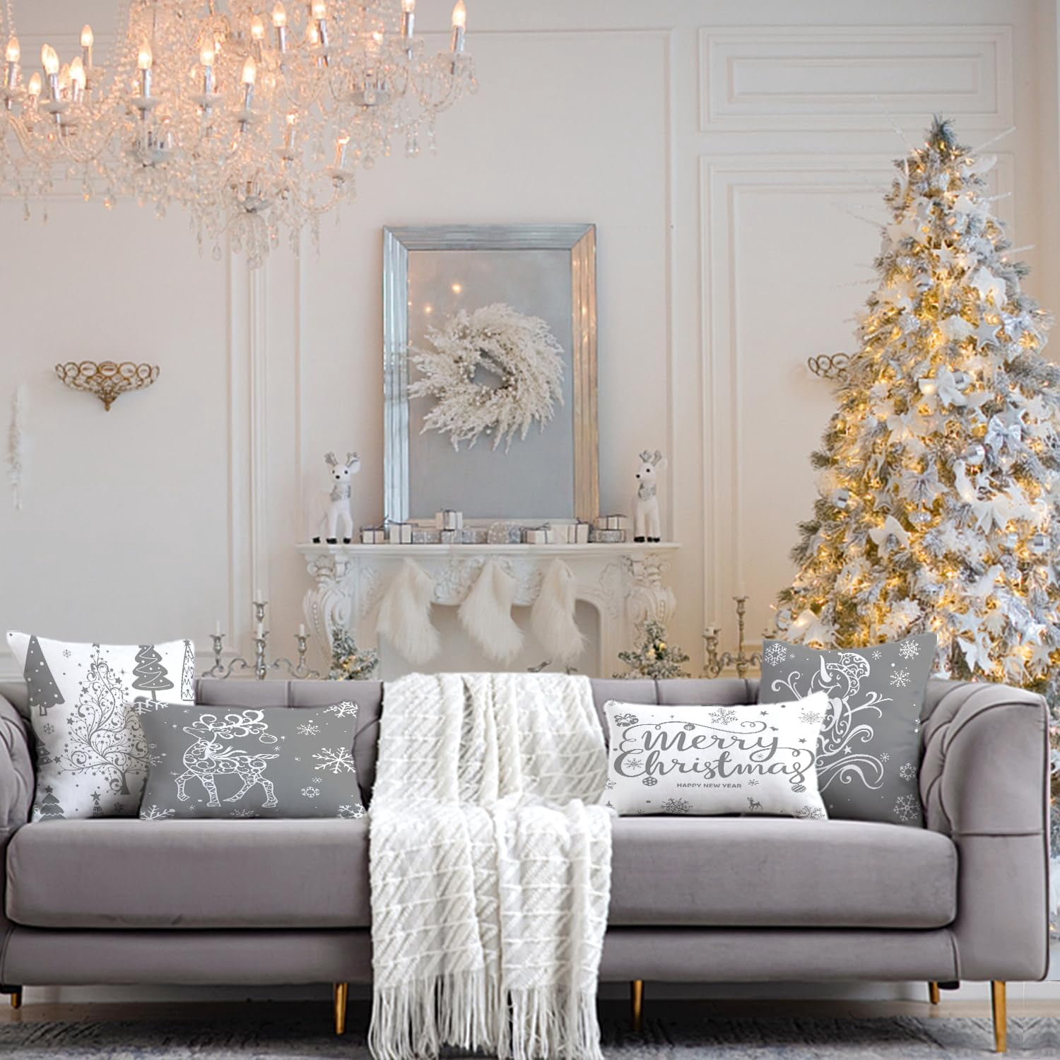 Grey Christmas Throw Pillow Covers 20x20 Set of 4 Christmas Decoration Trees Deer Snowman Merry Christmas Decorative Holiday Farmhouse Pillow Covers for Holiday Christmas Decoration
