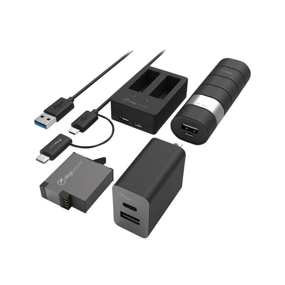 Digipower Action Power Kit - Adaptateur d'Alimentation - 15 Watts - 3 A - Charge Rapide - 2 Connecteurs de Sortie (USB, USB-C 24 Broches) - sur Câble : USB-C - Noir - avec Bloc d'Alimentation 2600 mAh, Chargeur Double Batterie et Batterie rechargeable 1220 mAh