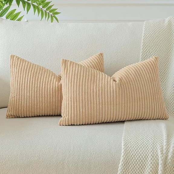 Eryueer Set of 2 Soft Corduroy Striped Cushion Covers 30x50 cm Boho Decorative Throw Pillow Covers Lumbar Cushion Case Couch Home Decor Pillowcases for Sofa Bedroom 12x20 Inch (Beige White)