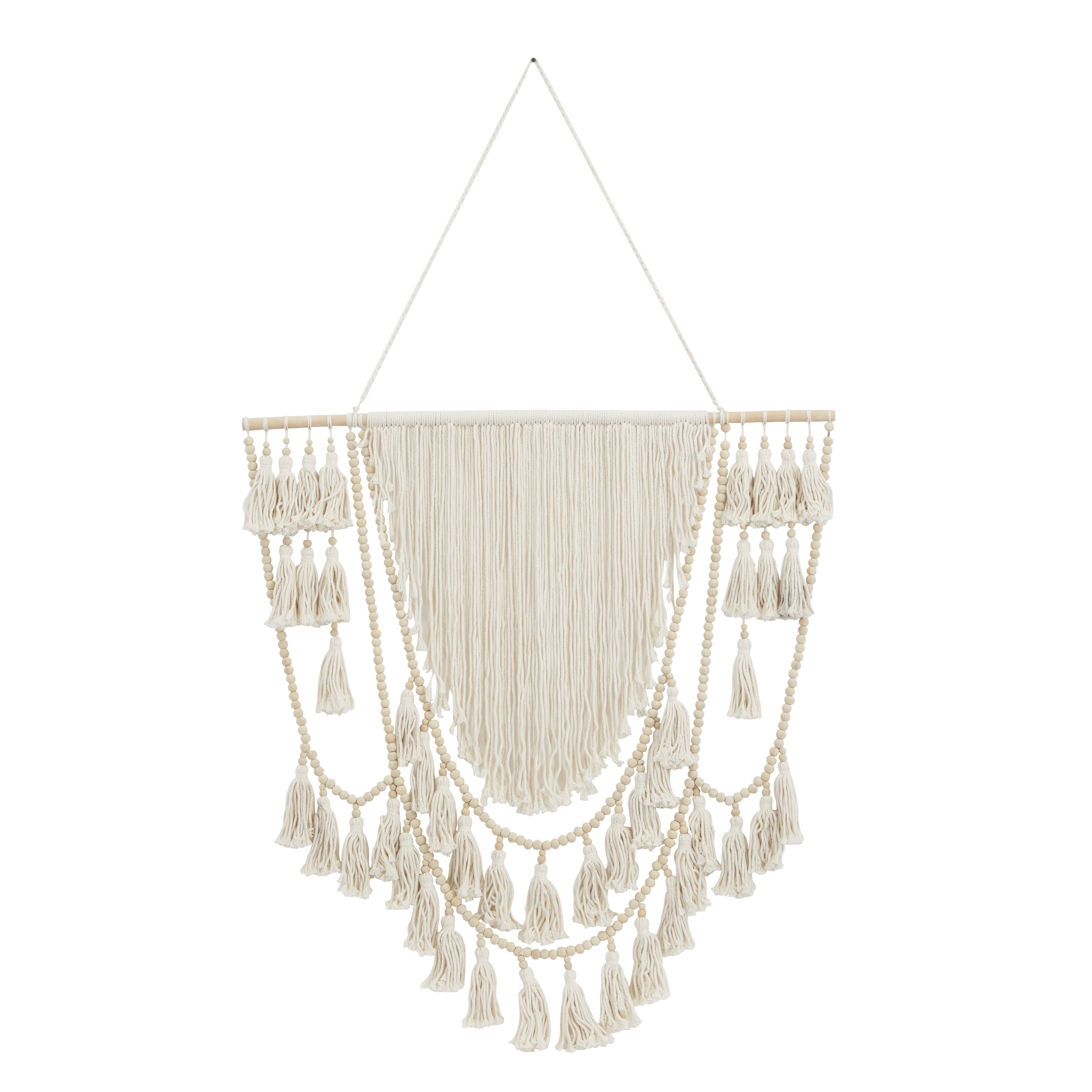 DecMode White Cotton Handmade Intricately Weaved Macrame Wall Decor with Beaded Fringe Tassels