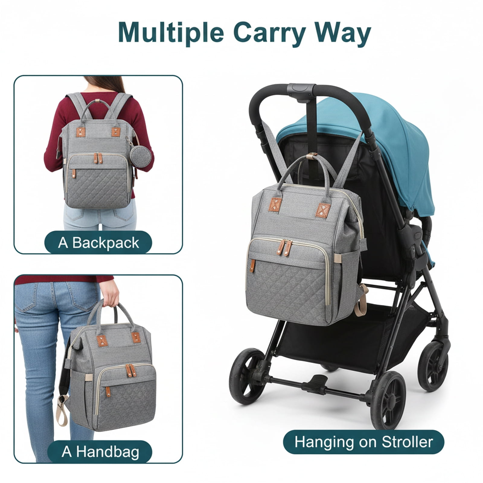 Oioane Baby Diaper Bag with Changing Station, Multifunctional Portable Backpack with USB Charging Port for Travel, Gray