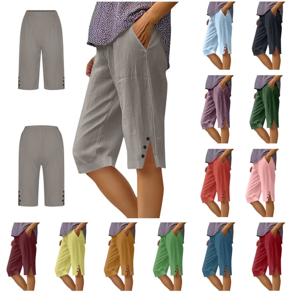 QATAINLAV Linen Capri Pants for Women Summer Side Slits Wide Leg Bermuda Shorts Solid Casual Knee Length Long Shorts with Pockets Orange XXXL