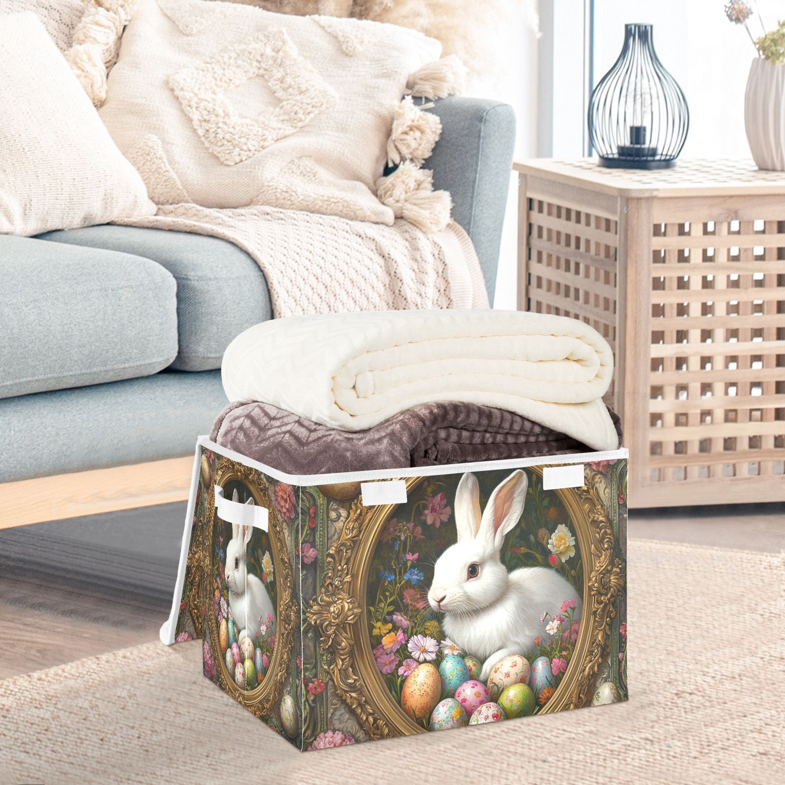 Rabbit Easter Eggs Flowers Storage Basket for Shelves Foldable Container Organizer for Organizing Toys Clothes Books with Handles
