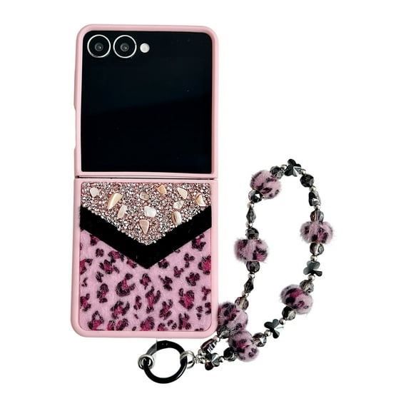 Designed for Samsung Galaxy Z Flip 7 Fluffy Leopard Case, Hard Protection Shockproof Anti-Drop Case, Cute Leopard Pattern Glitter Stone Bling Cover with Leopard Beaded Strap for Women Girls, Pink