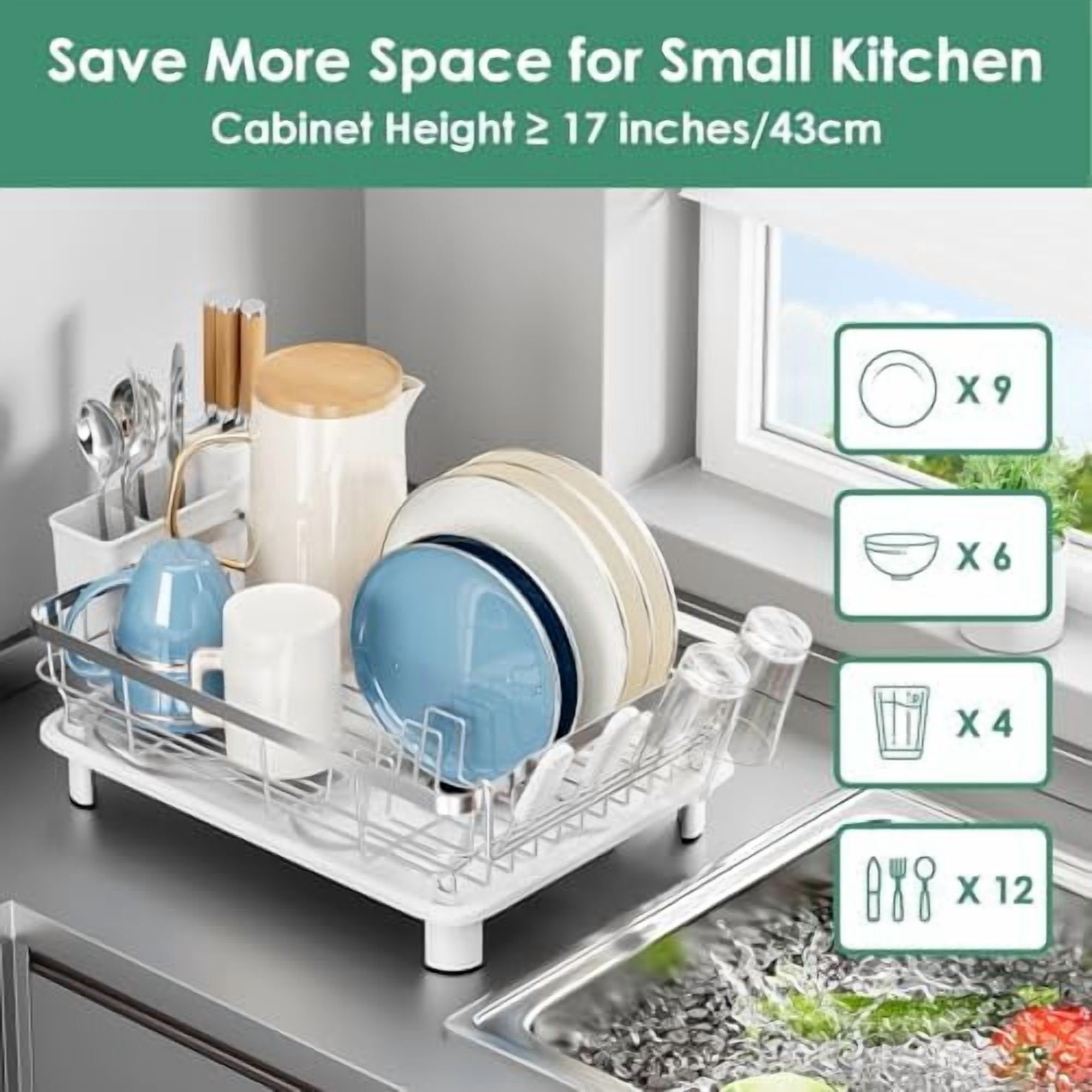 Dish Drying Rack, Dish Rack, Stainless Steel Dish Racks for Kitchen Counter, Dish Drainer with Removable Utensil Holder, Drainboard (White,Stainless Steel,13''W x 17''L)