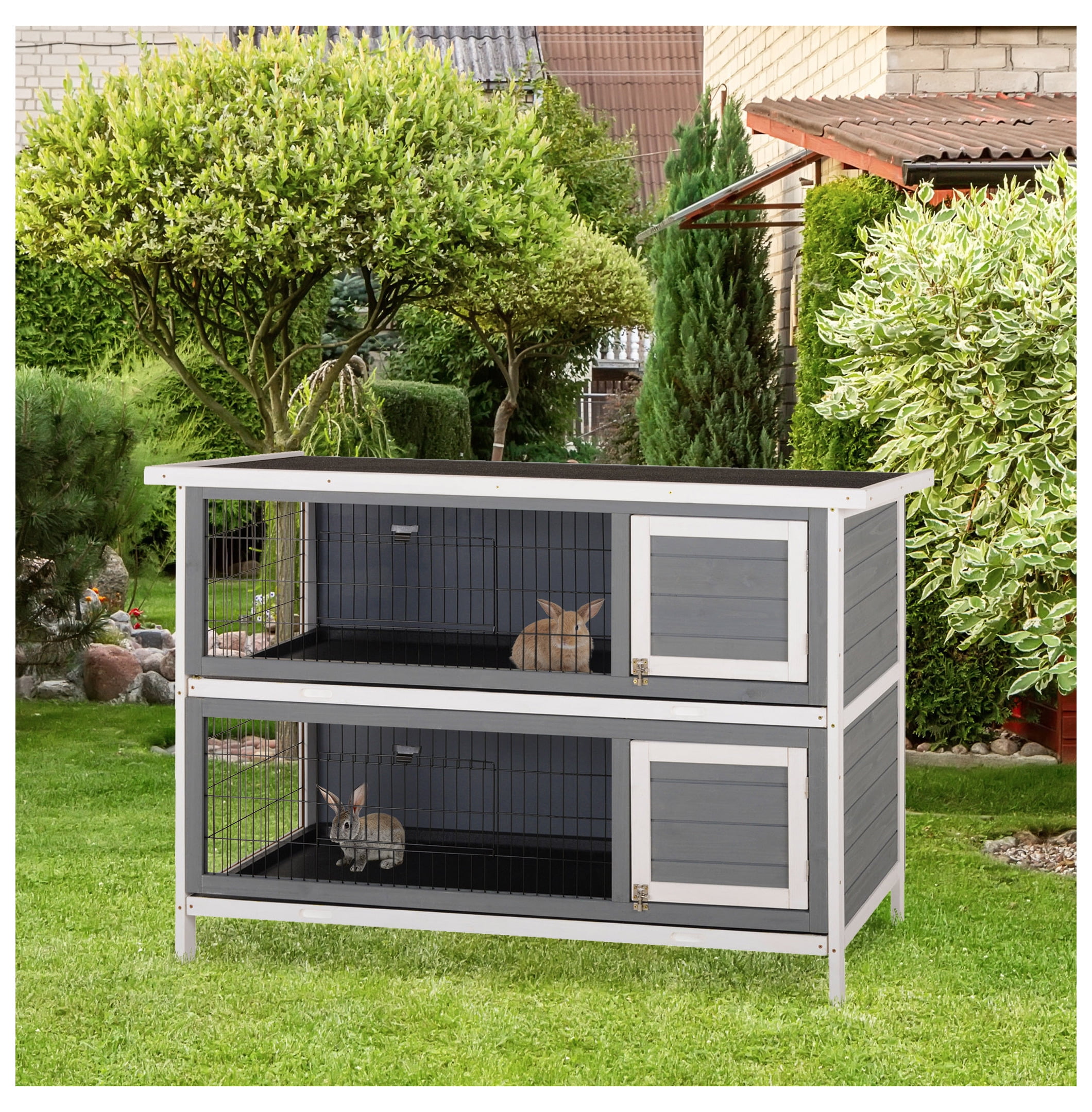 Rabbit Hutch 54" 2-Story Wooden Bunny Cage - Lockable Doors, Waterproof Roof - Outdoor/Indoor Pet House - Dark Grey