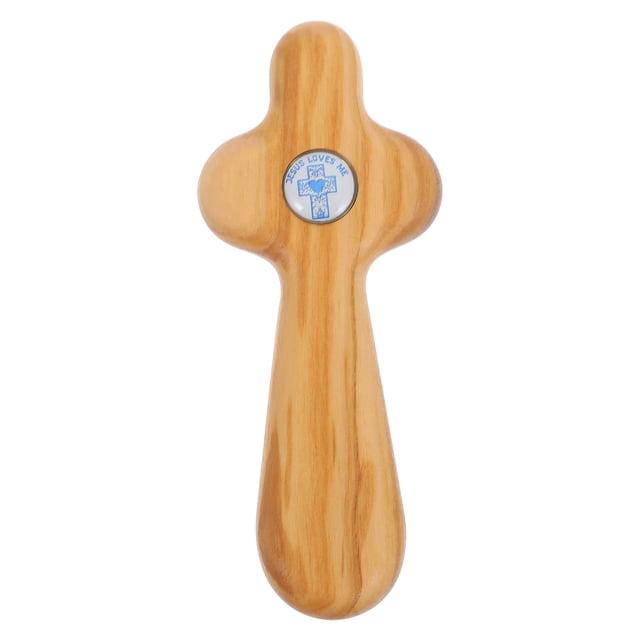 Cruz de madera de olivo de mano para bautismo cristiano. Pequeña cruz de madera para oraciones de bolsillo para la confirmación católica y la primera comunión.