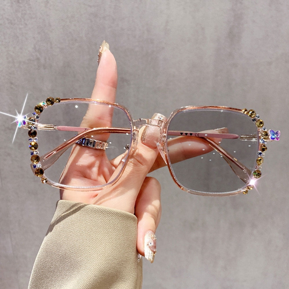 Ladies Photochromic Gray Blue Light Blocking Presbyopic Glasses, Oversized Bling Party Reading Glasses for Women, Brown Square Eyeglasses Frame (Photochromic Gray)