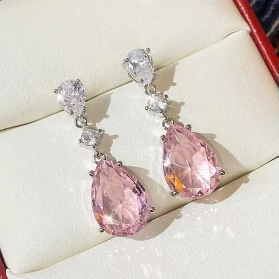 HOOUN 1.25'" Long Pink Teardrop Rhinestone Crystal Prom Pageant Earrings Drop Dangle